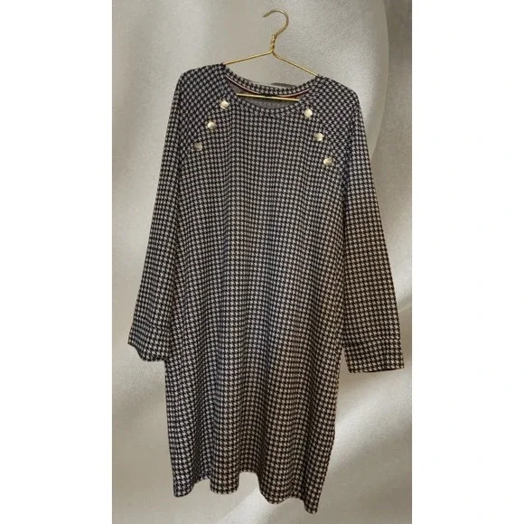 Tommy Hilfiger Houndstooth Dress 3X Gold Buttons 3/4 Sleeve A-Line Navy White - Picture 2 of 8